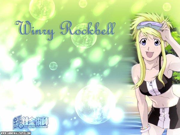 Anime picture 1024x768 with fullmetal alchemist studio bones winry rockbell single long hair fringe open mouth blue eyes blonde hair smile bare shoulders alternate hairstyle freckles hair up girl navel miniskirt bracelet bubble (bubbles) goggles