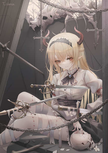 Anime picture 1254x1771 with original turbulence single long hair tall image blush fringe blonde hair hair between eyes red eyes sitting signed payot looking away braid (braids) long sleeves nail polish horn (horns) fingernails pointy ears
