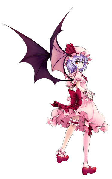 Anime picture 1500x2398 with touhou remilia scarlet utakata (kochou no yume) single tall image short hair smile red eyes purple hair transparent background girl thighhighs dress white thighhighs wings frills bonnet garter (garters)