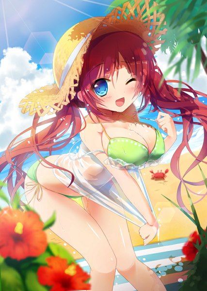 Anime picture 684x960 with original amamine single long hair tall image blush breasts open mouth blue eyes light erotic smile large breasts sky cloud (clouds) red hair :d one eye closed wink sunlight wet