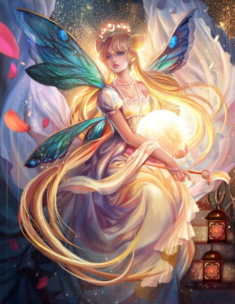 Anime picture 638x825 with bishoujo senshi sailor moon toei animation tsukino usagi princess serenity jiuge single tall image fringe blue eyes sitting twintails holding looking away very long hair parted lips lips realistic hair bun (hair buns) glow crescent