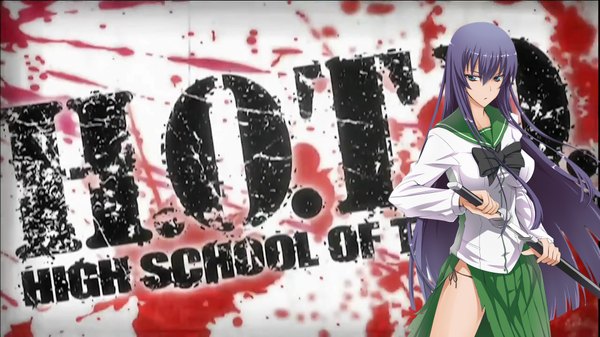 Anime picture 1920x1080 with highschool of the dead madhouse busujima saeko highres blue eyes light erotic wide image purple hair sword serafuku katana