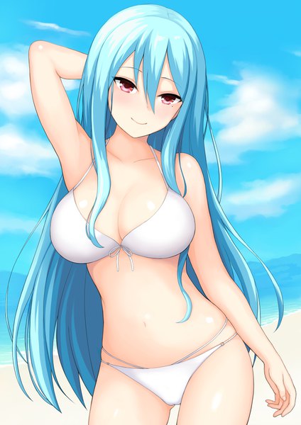 Anime picture 707x1000 with girlfriend (kari) kayashima otome asahashi tsuyu single long hair tall image looking at viewer fringe breasts light erotic smile hair between eyes large breasts blue hair sky cloud (clouds) outdoors head tilt pink eyes arm up