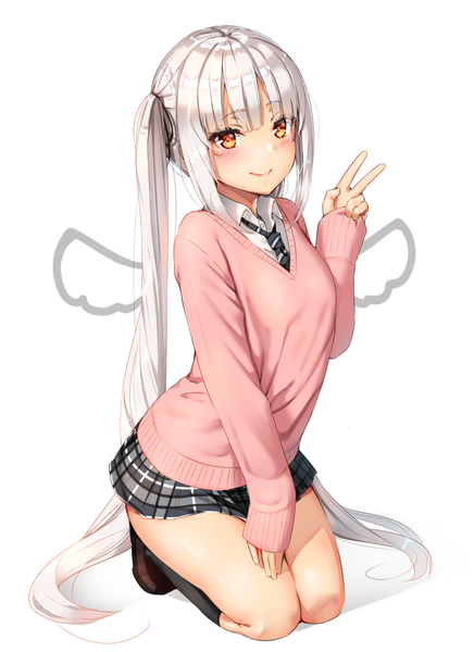 Anime picture 1104x1518 with original reinama single long hair tall image looking at viewer blush fringe simple background smile white background twintails payot silver hair full body blunt bangs orange eyes kneeling sleeves past wrists plaid skirt