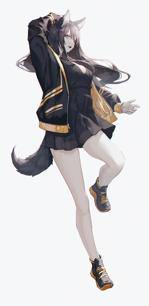 Anime picture 1005x2067 with original erospanda single long hair tall image looking at viewer fringe breasts open mouth black hair simple background hair between eyes standing white background animal ears cleavage bent knee (knees) tail long sleeves :d