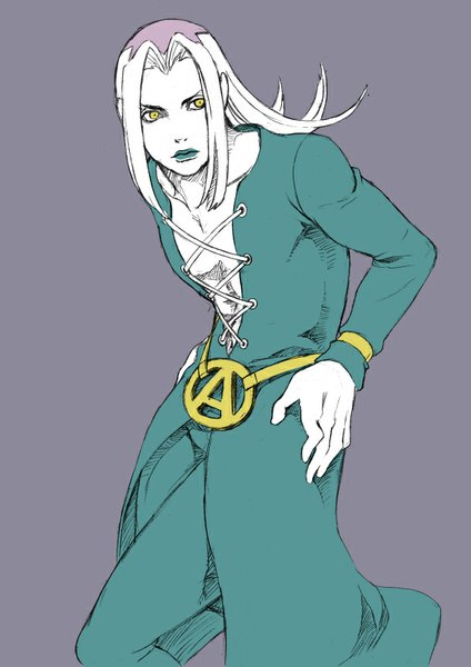 Anime picture 566x800 with jojo no kimyou na bouken leone abbacchio chounorin single long hair tall image simple background yellow eyes looking away white hair grey background lipstick hands on hips green lipstick boy