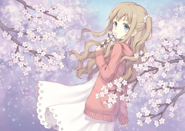 Anime picture 1200x850 with original 104 single long hair looking at viewer blush fringe blonde hair standing holding sky outdoors looking back aqua eyes light smile wind two side up depth of field cherry blossoms sleeves past wrists