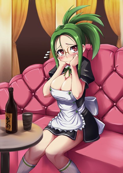 Anime picture 800x1130 with dream c club coupe50 single long hair tall image blush light erotic red eyes sitting looking away green hair girl glasses headdress maid headdress bottle glass