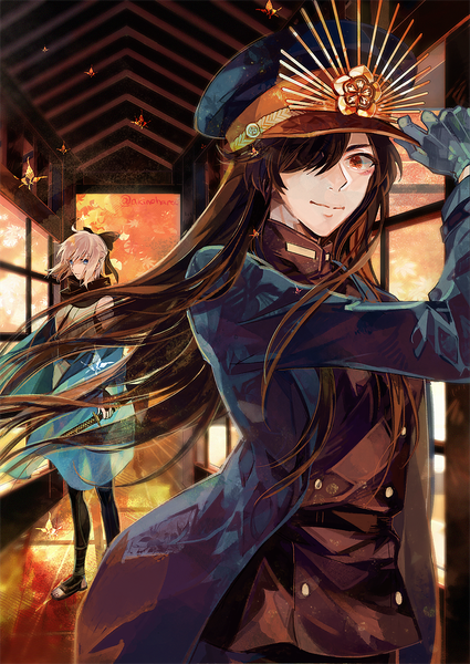 Anime picture 1000x1411 with fate (series) fate/grand order okita souji (fate) (all) okita souji (koha-ace) oda nobunaga (fate) (all) oda nobunaga (fate) akizora (akinohara) long hair tall image looking at viewer fringe short hair blue eyes black hair smile red eyes multiple girls signed silver hair indoors