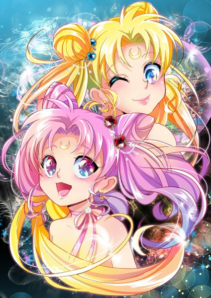 Anime picture 900x1273 with bishoujo senshi sailor moon toei animation tsukino usagi chibiusa long hair tall image blush open mouth blue eyes blonde hair smile twintails multiple girls pink hair one eye closed pink eyes looking back multicolored hair nude wink