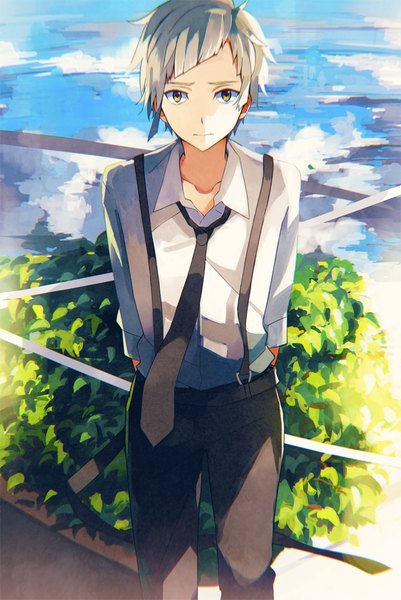 Anime picture 669x1000 with bungou stray dogs studio bones nakajima atsushi takerusilt single tall image short hair standing yellow eyes sky cloud (clouds) grey hair hands behind back open collar boy shirt necktie white shirt suspenders bushes