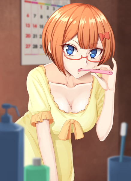 Anime picture 1167x1600 with bokutachi wa benkyou ga dekinai ogata rizu shaito single tall image looking at viewer fringe short hair breasts blue eyes light erotic standing holding cleavage indoors blurry orange hair leaning leaning forward brushing teeth