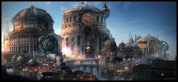 Anime picture 1200x559 with original lownine (amuza) wide image sky city dated fantasy steam punk building (buildings) clock