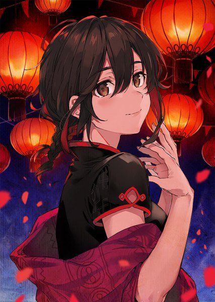 Anime picture 859x1208 with original arisaka ako single tall image looking at viewer blush fringe short hair breasts smile hair between eyes brown hair brown eyes upper body braid (braids) traditional clothes looking back arms up short sleeves single braid