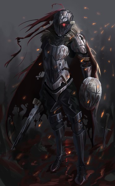 Anime picture 850x1373 with goblin slayer! white fox goblin slayer miamuly single tall image looking at viewer standing holding full body red hair fur trim dirty damage boy gloves weapon sword boots armor