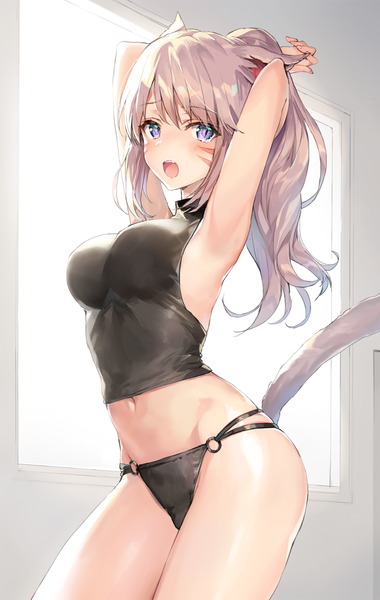 Anime picture 800x1263 with final fantasy final fantasy xiv square enix miqo'te momoko (momopoco) single long hair tall image looking at viewer blush breasts light erotic standing purple eyes animal ears pink hair ponytail indoors tail animal tail