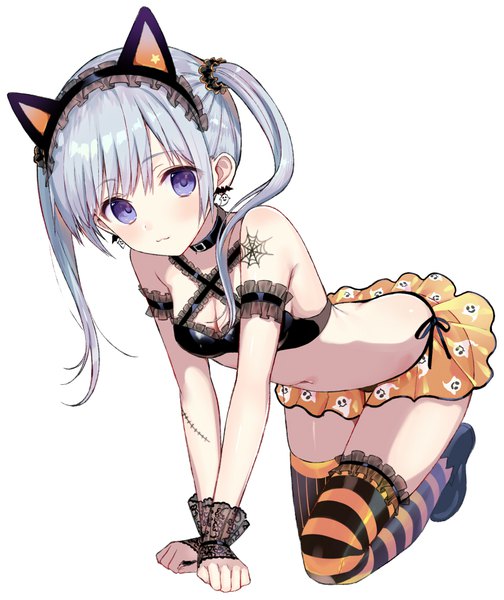 Anime picture 800x951 with original yuuki rika single long hair tall image looking at viewer fringe blue eyes light erotic simple background white background twintails bare shoulders animal ears cleavage silver hair full body cat ears bare belly tattoo