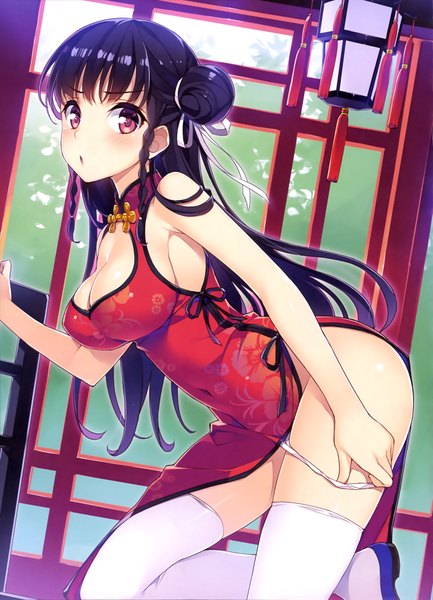 Anime picture 2862x3961 with dengeki moeou mmu single long hair tall image looking at viewer blush fringe highres breasts open mouth light erotic black hair large breasts standing cleavage bent knee (knees) indoors braid (braids) traditional clothes