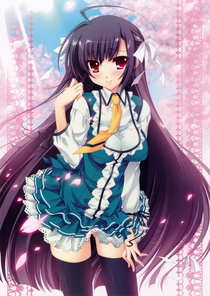 Anime picture 4142x5840 with world wide love! (game) hananomiya ako katagiri hinata single long hair tall image looking at viewer blush highres purple eyes absurdres sky purple hair long sleeves light smile zettai ryouiki cherry blossoms girl thighhighs skirt