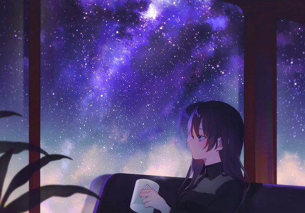 Anime picture 3005x2099 with original achiki single long hair blush fringe highres blue eyes black hair sitting holding looking away absurdres upper body indoors scan night night sky milky way girl