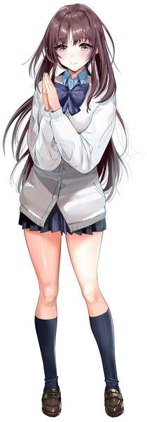 Anime picture 500x1428 with original yanyo (ogino atsuki) single long hair tall image looking at viewer blush fringe simple background smile brown hair standing white background purple eyes full body hands clasped girl uniform school uniform socks