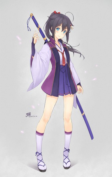 Anime picture 763x1200 with fate (series) kantai collection fate/stay night shigure destroyer assassin (fate/stay night) dan (kumadan) single long hair tall image looking at viewer blush fringe blue eyes black hair simple background smile hair between eyes standing full body ahoge