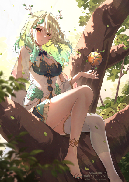 Anime picture 1754x2481 with virtual youtuber hololive hololive english ceres fauna ceres fauna (1st costume) ardenlolo single long hair tall image looking at viewer blush fringe highres sitting signed yellow eyes cleavage full body bent knee (knees) outdoors