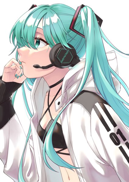 Anime picture 1003x1416 with vocaloid hatsune miku mitora nao single long hair tall image fringe breasts simple background hair between eyes white background upper body long sleeves nail polish profile aqua eyes fingernails aqua hair open jacket alternate costume