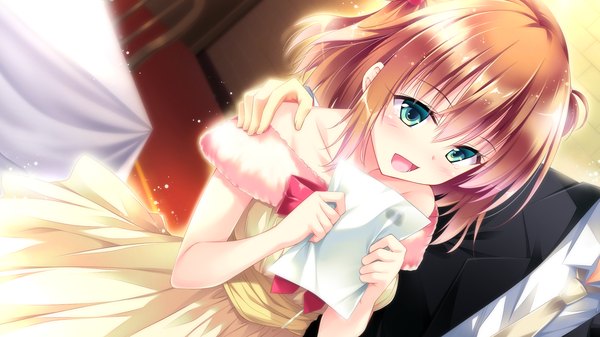 Anime picture 1920x1080 with golden marriage ensemble (studio) tange kasumi blush highres short hair open mouth blue eyes brown hair wide image game cg couple girl dress boy paper