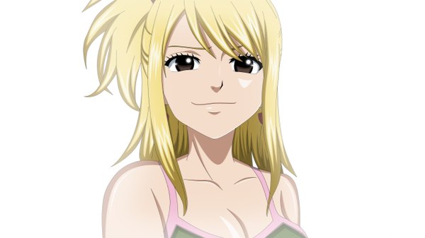 Anime picture 2560x1440 with fairy tail lucy heartfilia luffy-san92 single long hair highres breasts light erotic blonde hair smile wide image white background brown eyes one side up coloring girl earrings