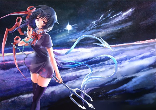 Anime picture 1753x1240 with touhou houjuu nue skybean single highres short hair black hair red eyes girl thighhighs dress black thighhighs wings trident