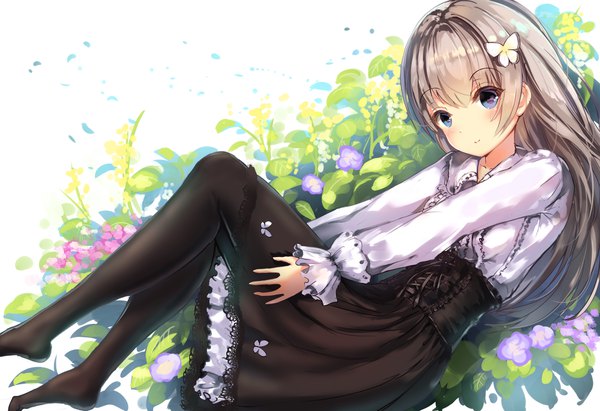 Anime picture 1842x1264 with original missle228 single long hair looking at viewer blush fringe highres blue eyes smile hair between eyes sitting grey hair no shoes animal print butterfly print girl skirt hair ornament flower (flowers)