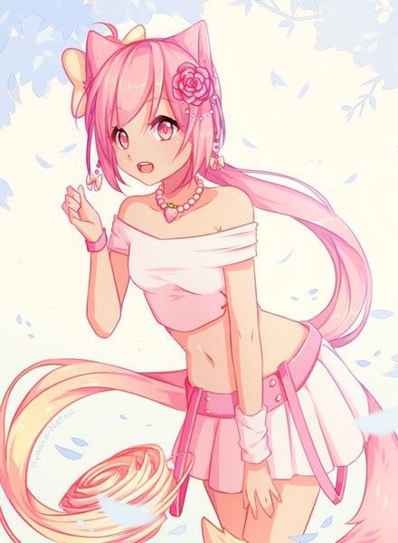 Anime picture 631x860 with original hyanna-natsu single long hair tall image looking at viewer fringe open mouth simple background blonde hair smile white background bare shoulders signed animal ears payot pink hair tail animal tail pleated skirt