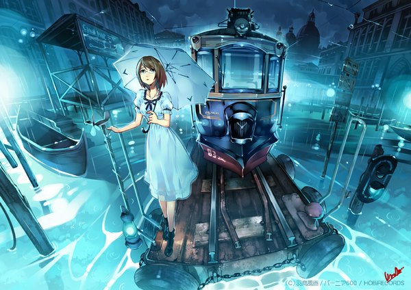 Anime picture 850x602 with original vania600 single short hair brown hair looking away black eyes girl dress glasses umbrella train
