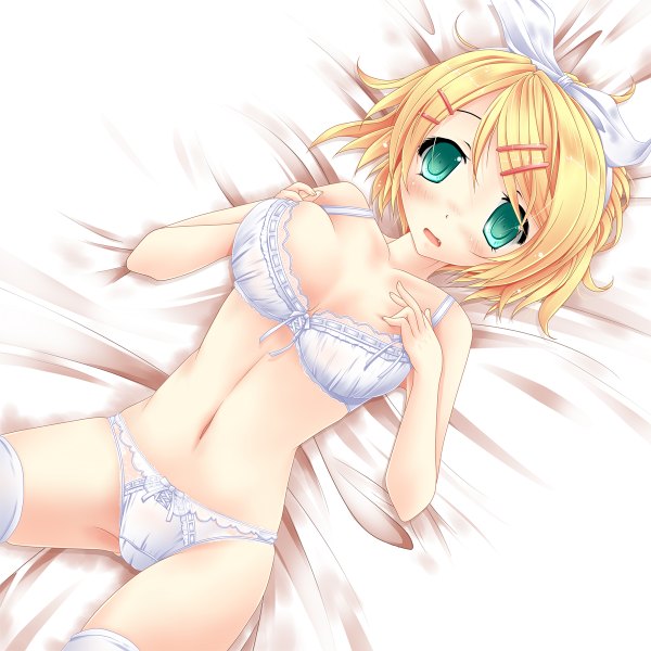 Anime picture 1200x1200 with vocaloid kagamine rin akairo no mako single breasts open mouth light erotic large breasts bare shoulders green eyes cleavage teeth on back fang (fangs) underwear only skindentation cameltoe girl thighhighs navel