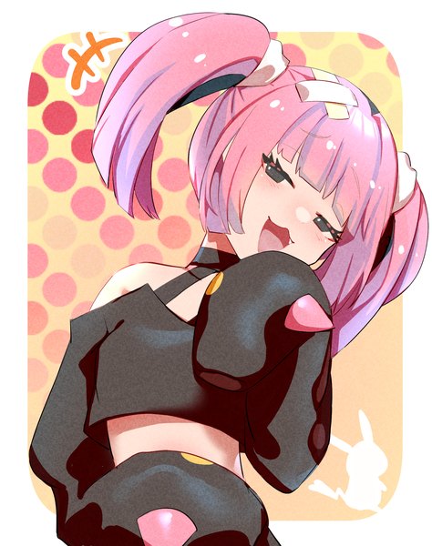 Anime picture 1500x1900 with pokemon pokemon horizons nintendo sango (pokemon) yyxw5385 single tall image looking at viewer short hair open mouth twintails payot pink hair upper body long sleeves head tilt :d black eyes border short twintails