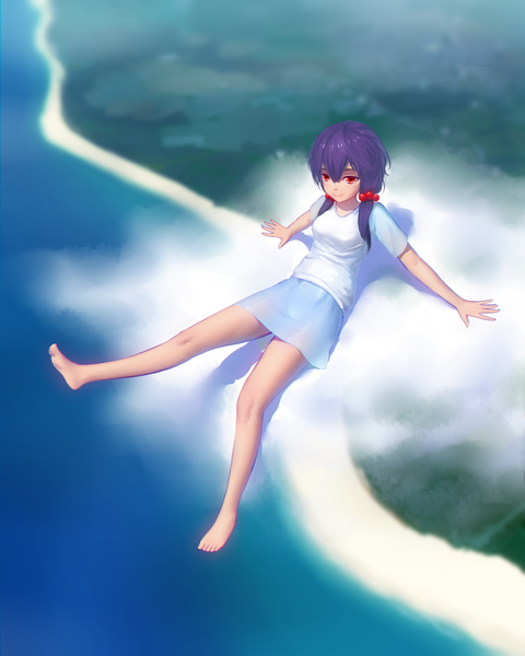 Anime-Bild 2000x2500 mit original maredoro single long hair tall image highres smile red eyes purple hair cloud (clouds) barefoot bare legs girl skirt