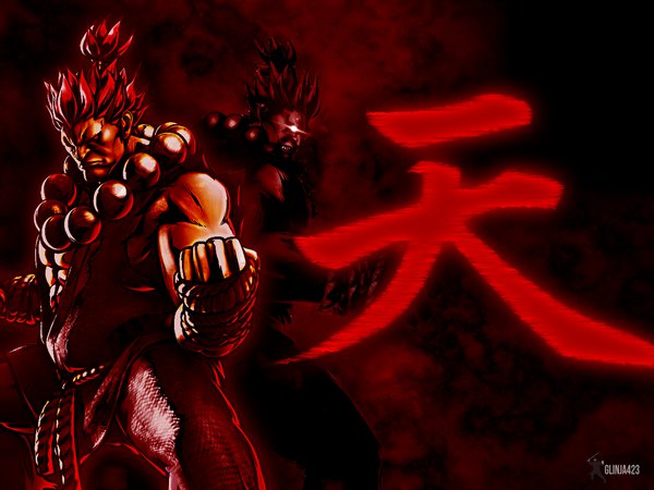 Anime picture 1250x938 with street fighter capcom akuma gouki glinja423 short hair signed red hair traditional clothes japanese clothes hieroglyph red background fighting stance back to back dual persona manly boy kimono beads