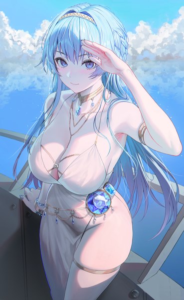 Anime picture 2100x3413 with goddess of victory: nikke helm (nikke) tokkihouse single long hair tall image looking at viewer fringe highres breasts blue eyes light erotic hair between eyes large breasts standing blue hair sky cleavage cloud (clouds) outdoors