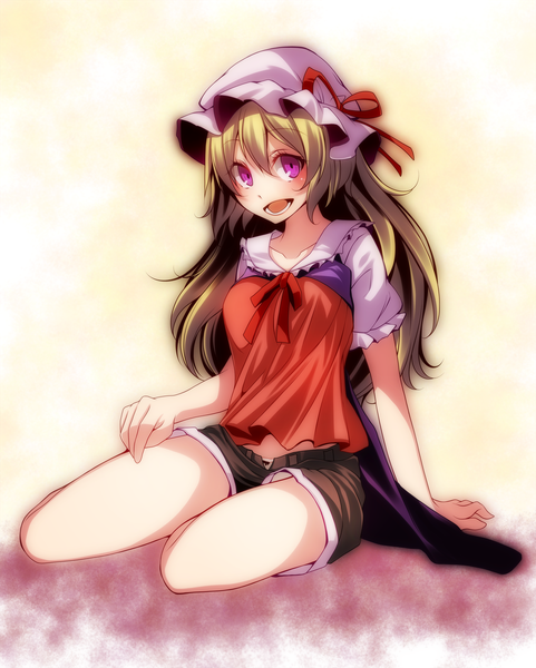 Anime picture 1684x2100 with touhou maribel hearn s-syogo single long hair tall image looking at viewer blush open mouth blonde hair sitting purple eyes girl bonnet