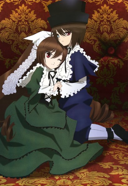Anime picture 4094x5971 with rozen maiden nyantype suiseiseki souseiseki long hair tall image looking at viewer blush highres short hair red eyes brown hair multiple girls absurdres one eye closed wink scan official art heterochromia kneeling