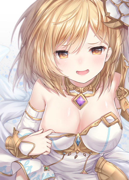 Anime picture 1008x1407 with granblue fantasy gita (granblue fantasy) the glory topia single tall image looking at viewer blush fringe short hair breasts open mouth light erotic simple background blonde hair smile hair between eyes large breasts white background sitting
