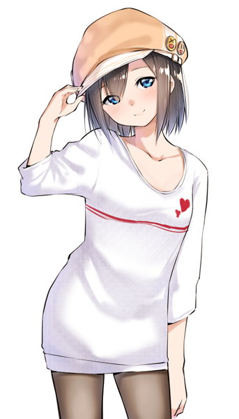 Anime picture 686x1200 with original suzunari shizuku yuki arare single tall image looking at viewer blush fringe short hair breasts blue eyes black hair simple background smile hair between eyes standing white background head tilt arm up light smile