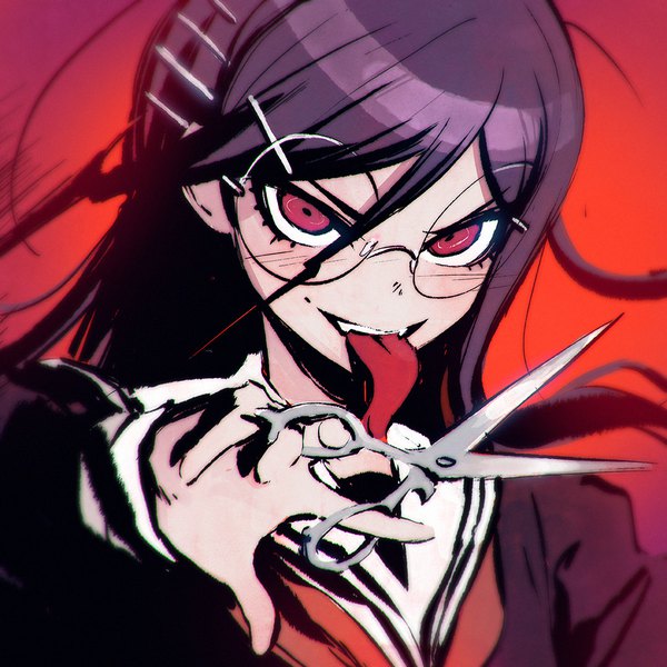 Anime picture 1080x1080 with dangan ronpa fukawa touko ilya kuvshinov single long hair looking at viewer fringe black hair simple background smile hair between eyes red eyes upper body :p red background long tongue girl uniform glasses serafuku