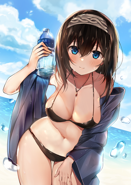 Anime-Bild 744x1053 mit idolmaster idolmaster cinderella girls pocari sweat sagisawa fumika sabet (young ouo) single long hair tall image looking at viewer blush fringe breasts blue eyes light erotic smile hair between eyes brown hair large breasts holding sky