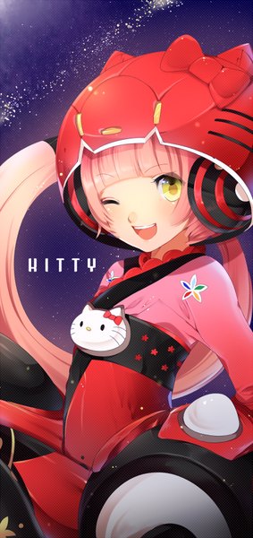 Anime picture 413x874 with hello kitty vocaloid sanrio nekomura iroha momoshiki tsubaki single tall image looking at viewer blush fringe open mouth yellow eyes pink hair blunt bangs very long hair traditional clothes japanese clothes one eye closed wink space