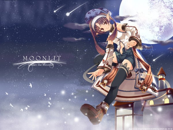 Anime picture 1280x960 with tachibana yuu zaira single long hair looking at viewer brown hair brown eyes signed sky full body nail polish fingernails pointy ears night night sky dated soles third-party edit shooting star open fly