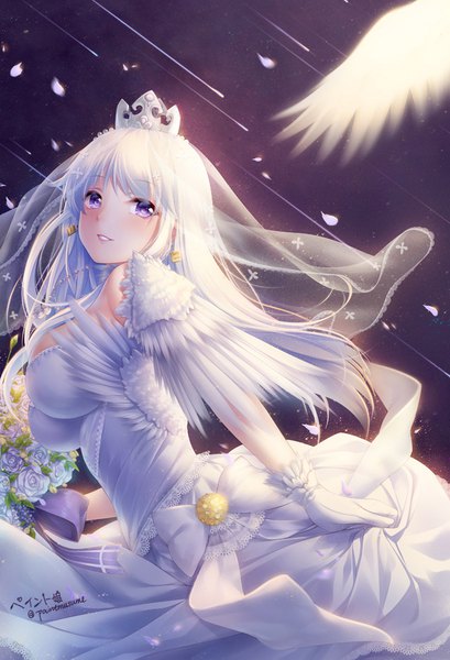 Anime-Bild 665x976 mit azur lane enterprise (azur lane) enterprise (starlight oath) (azur lane) paint musume single long hair tall image looking at viewer blush fringe breasts smile large breasts standing purple eyes holding signed silver hair parted lips looking back