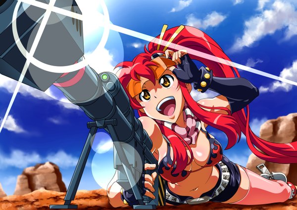 Anime picture 2853x2021 with tengen toppa gurren lagann gainax yoko littner taro9999 single long hair highres breasts open mouth light erotic yellow eyes sky cloud (clouds) ponytail red hair lying girl thighhighs gloves weapon