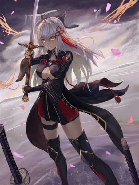 Anime picture 1107x1467 with fate (series) fate/grand order okita souji (fate) (all) okita souji alter (fate) hmrgyukina single long hair tall image looking at viewer light erotic standing holding yellow eyes payot sky silver hair cloud (clouds) ahoge wind wide sleeves